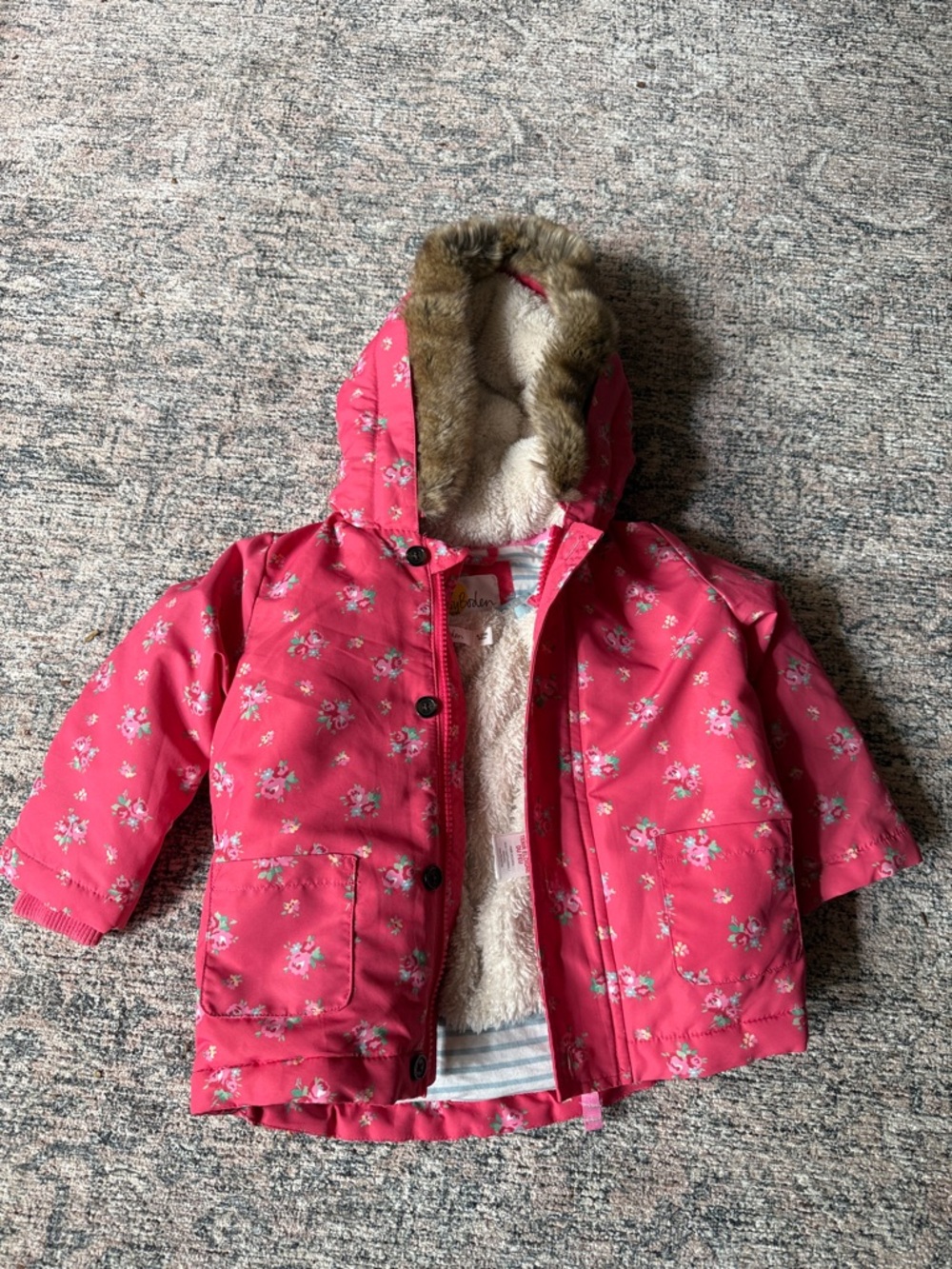 Baby Boden Pink Floral Hooded Puffer Jacket with Faux-Fur Trim